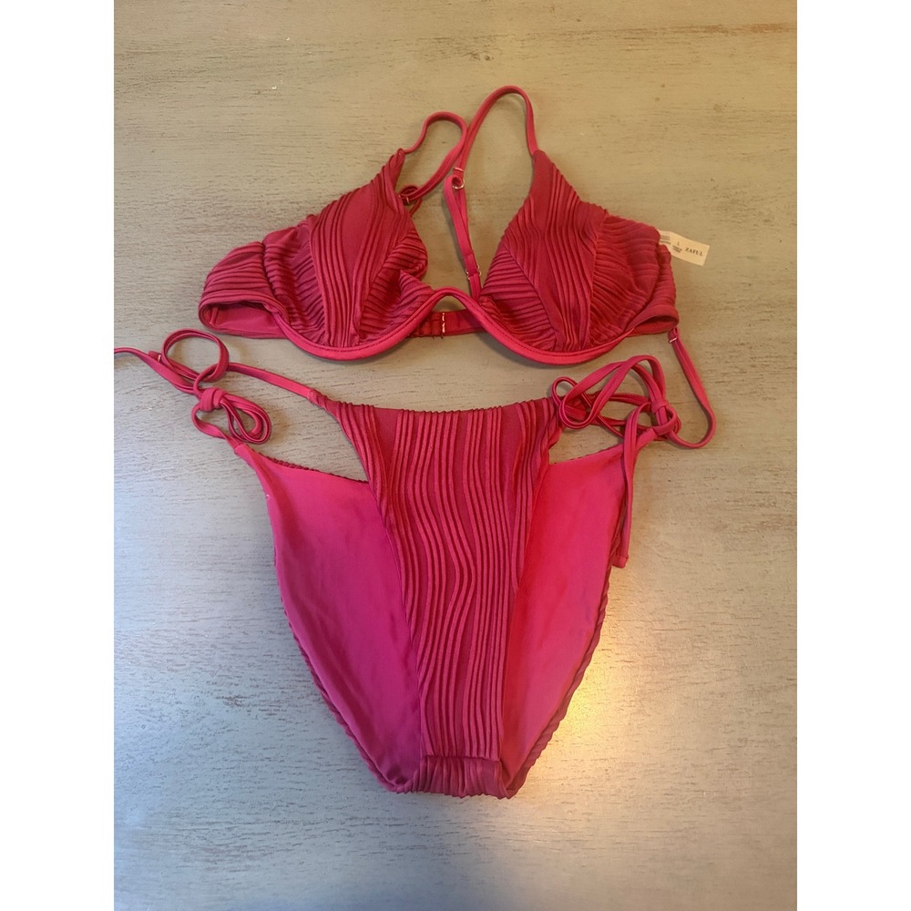 Zaful Magenta Pink Pleated Underwire Bikini Set High Cut Side Tie 2 Piece L